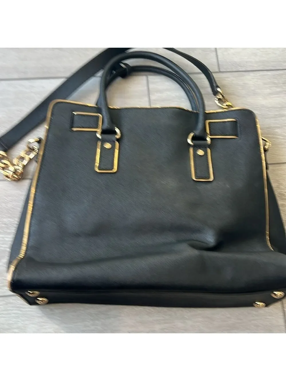 Michael Kors Black Leather Hamilton satchel Handbag with chain strap